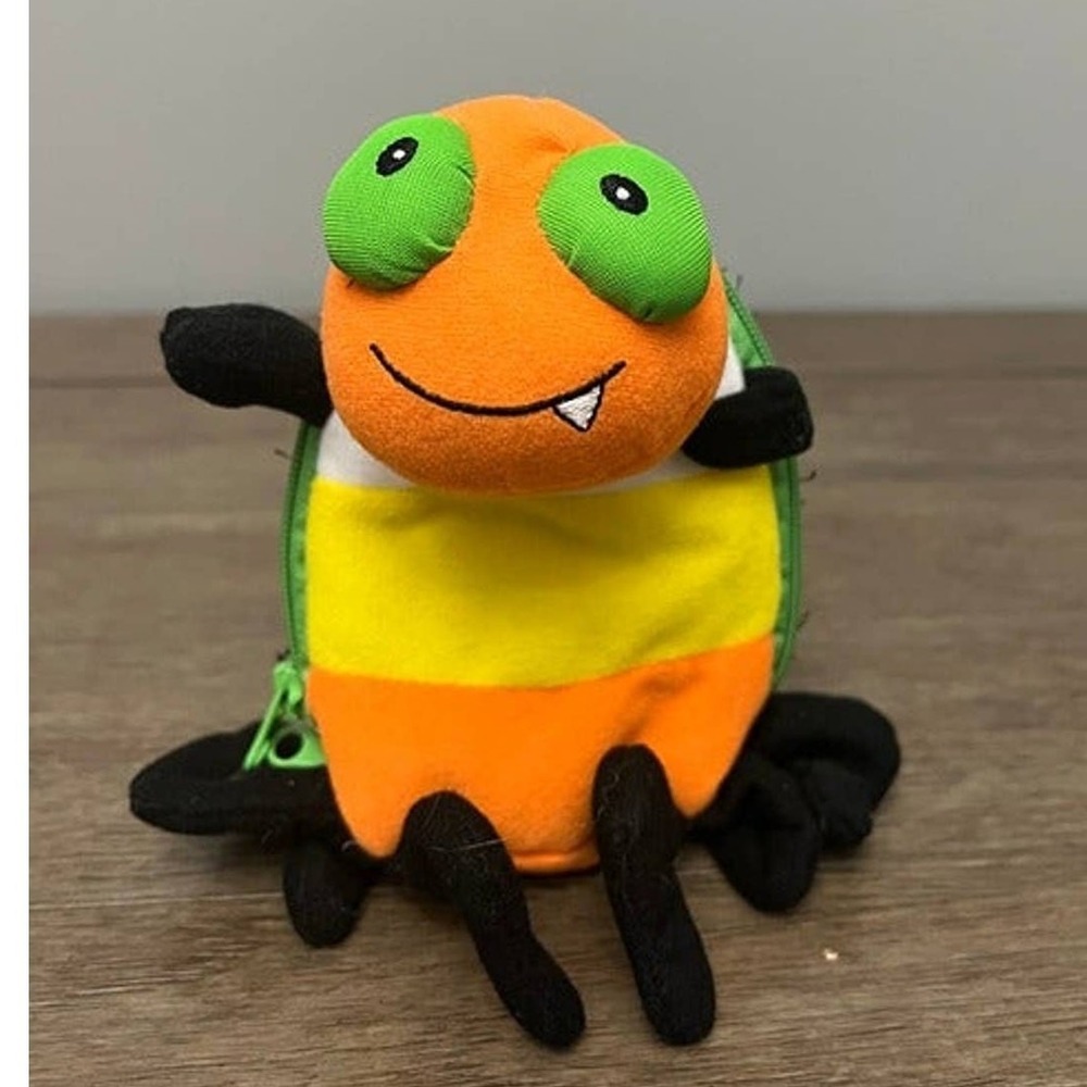 Hallmark Halloween Spider Plush Zippered Gift Bag Candy Corn Colors Fuzzy Back